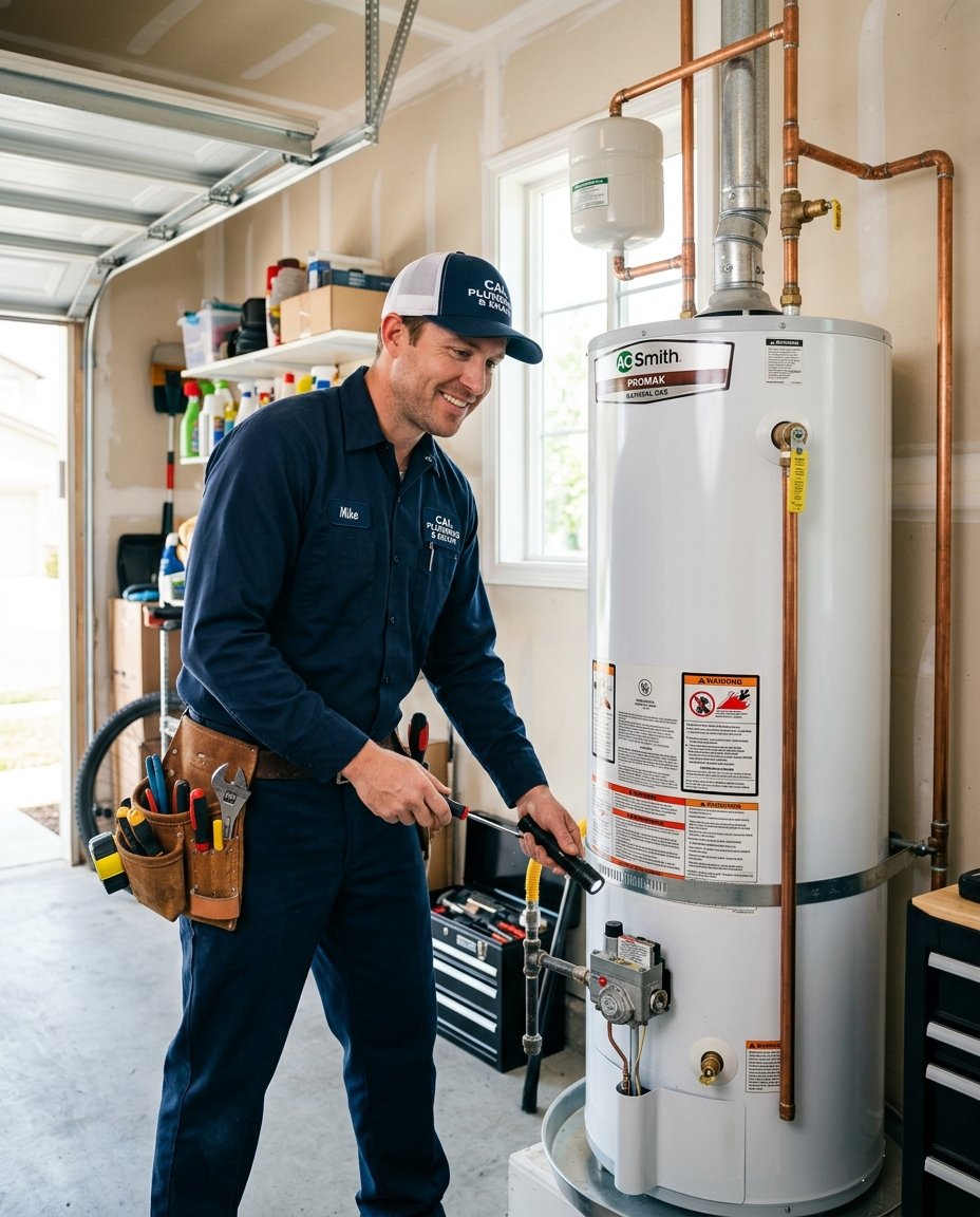 Plumbing technician in clean work uniform inspecting a residential tank water heater in a Lakewood California home
