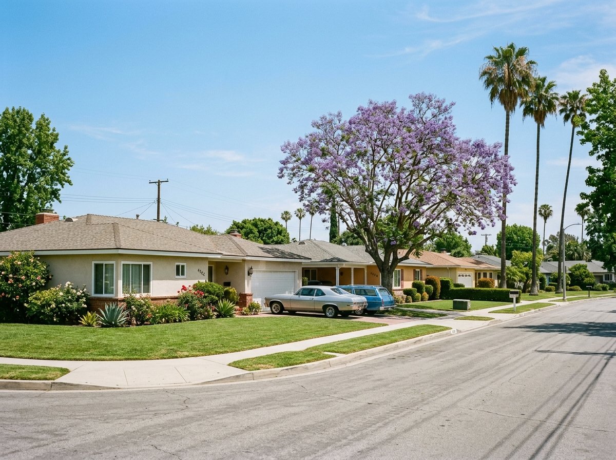 Sunny suburban tree-lined residential street in Lakewood California with single-family mid-century homes