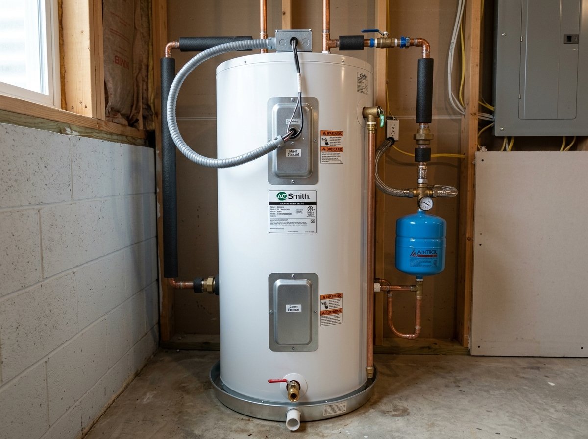 Residential electric tank water heater showing dual heating element access panels
