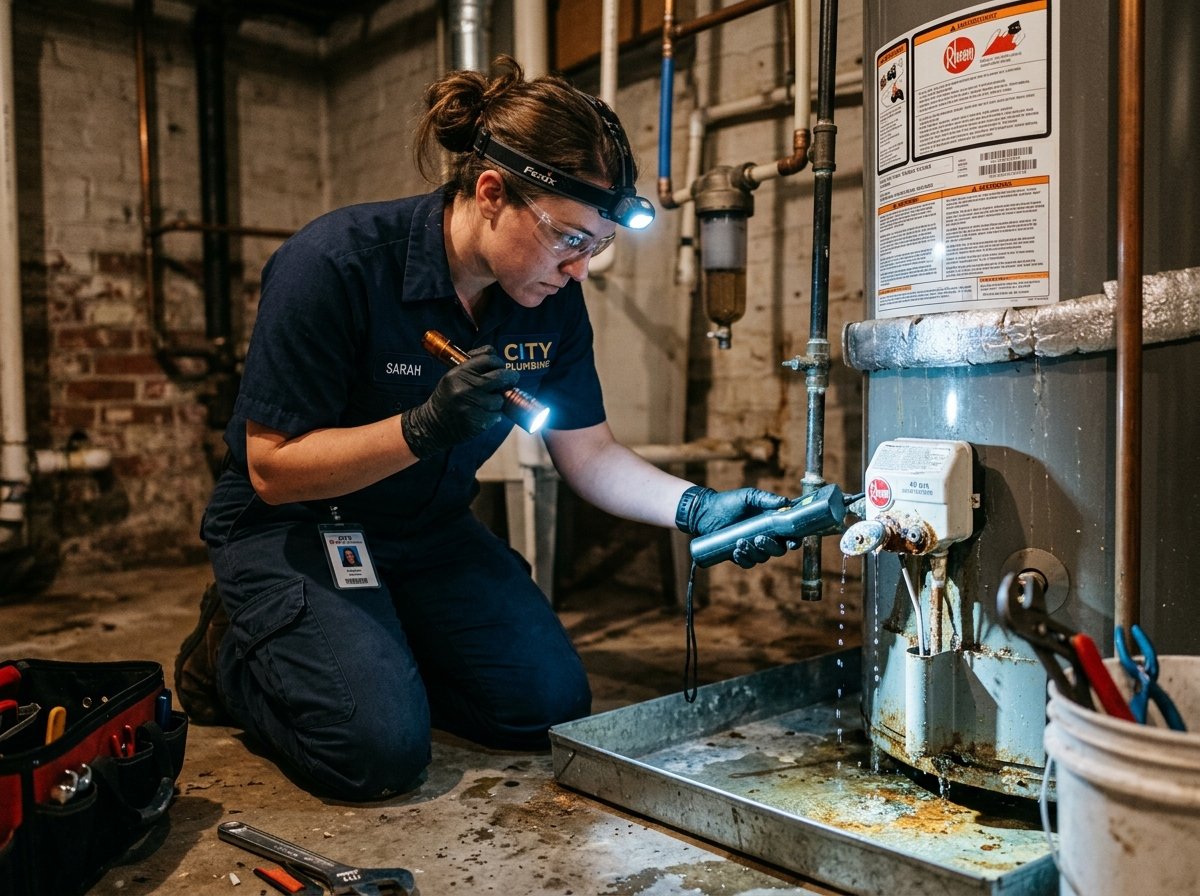 Technician using flashlight and diagnostics to inspect a leaking water heater shut-off valve