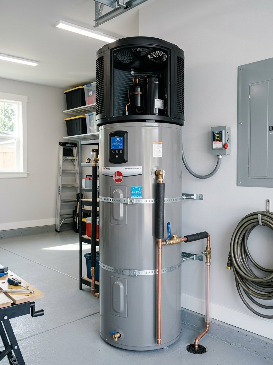 Residential hybrid heat pump water heater with compressor module on top of storage tank installed in a clean Long Beach garage