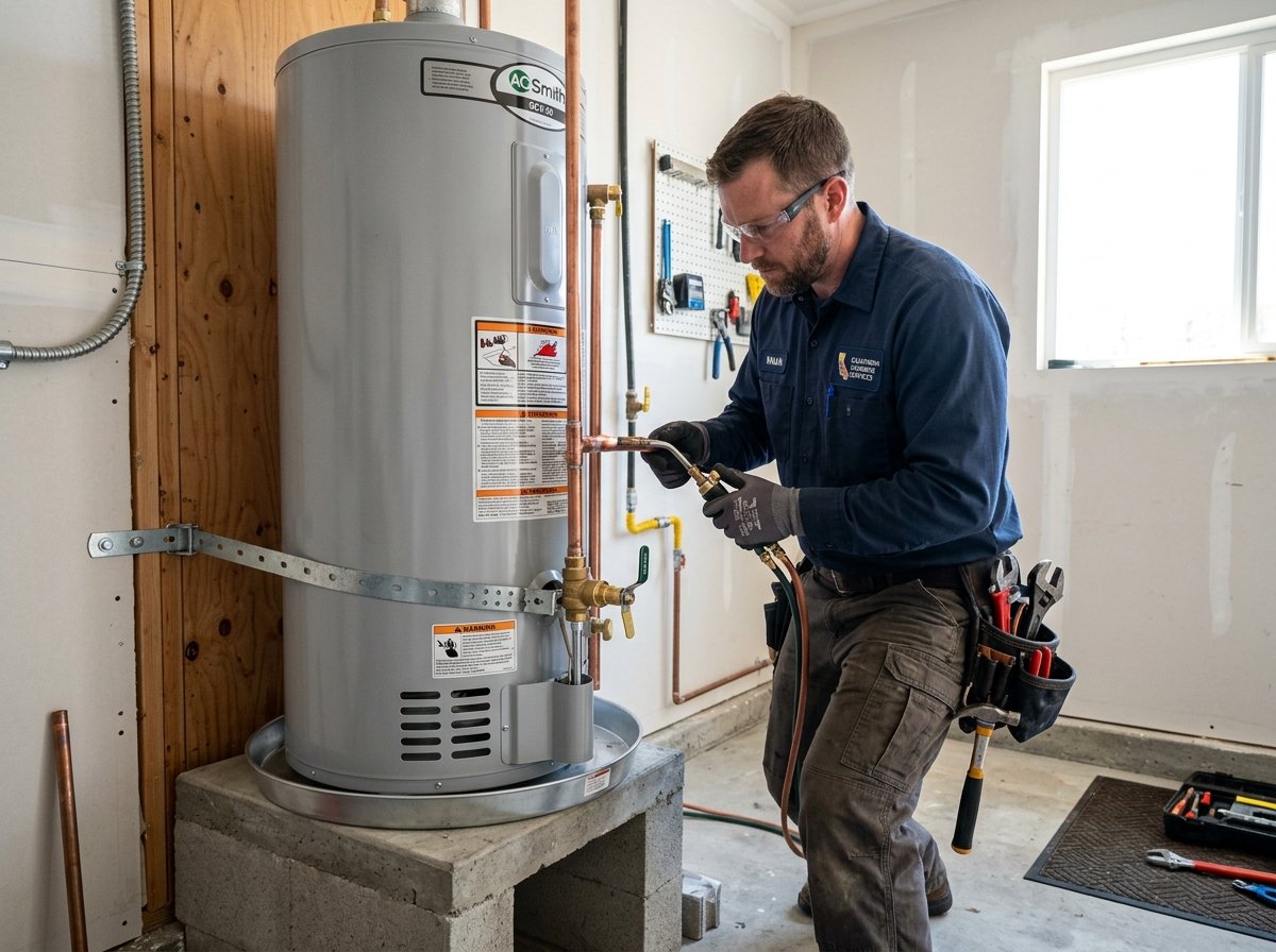 Technician professionally installing water heater connections and copper piping