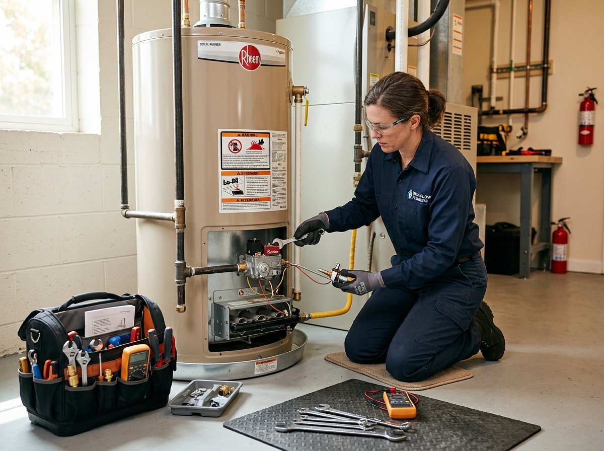 Technician inspecting and repairing a residential water heater burner assembly